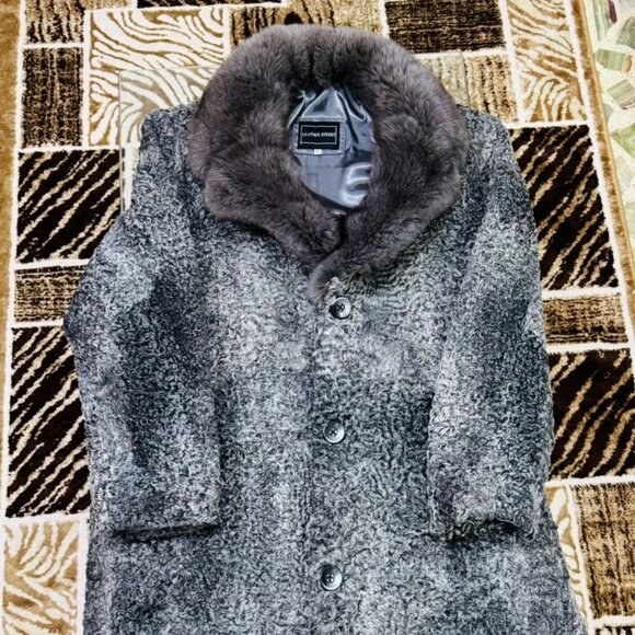 Men's Grey Persian lamb fur long coat with mink fur collar men